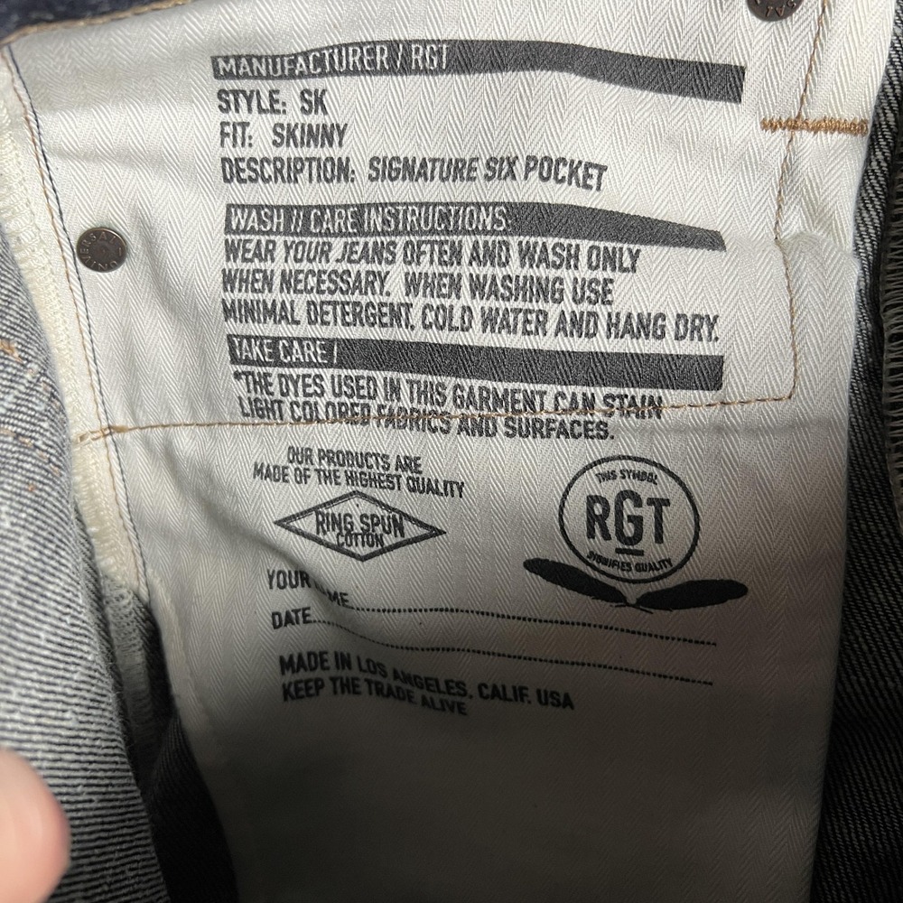RGT SK Jeans Sz 29 15oz Indigo Skinny Raw Denim Button Fly‎ USA Rogue Territory - Picture 12 of 13